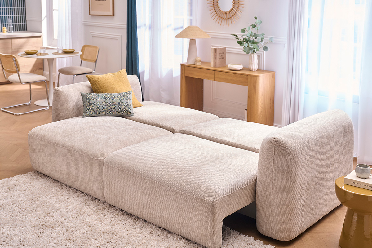 Divano letto 4 posti con contenitore in tessuto velluto ciniglia beige SWELL