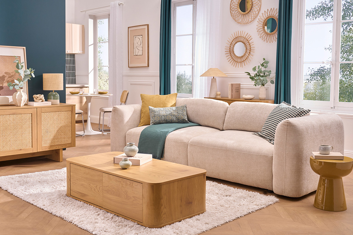 Divano letto 4 posti con contenitore in tessuto velluto ciniglia beige SWELL