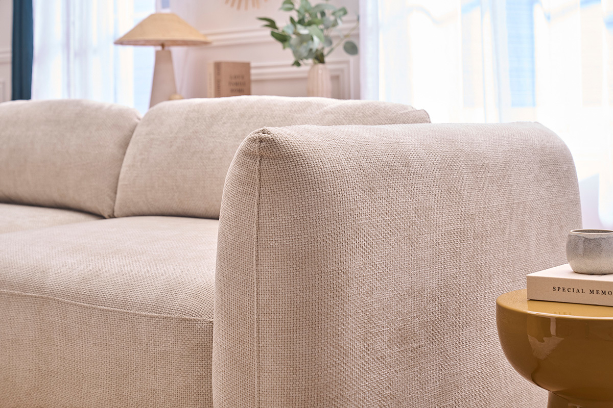 Divano letto 4 posti con contenitore in tessuto velluto ciniglia beige SWELL