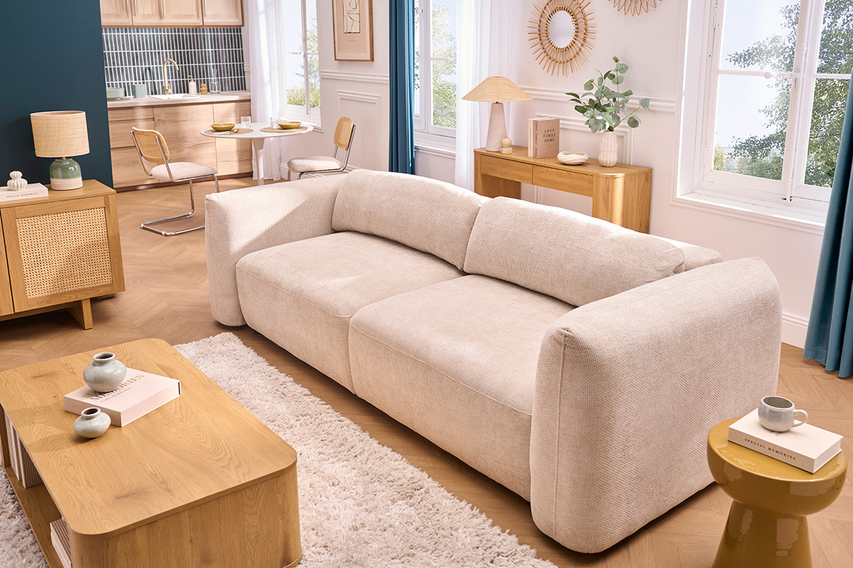 Divano letto 4 posti con contenitore in tessuto velluto ciniglia beige SWELL