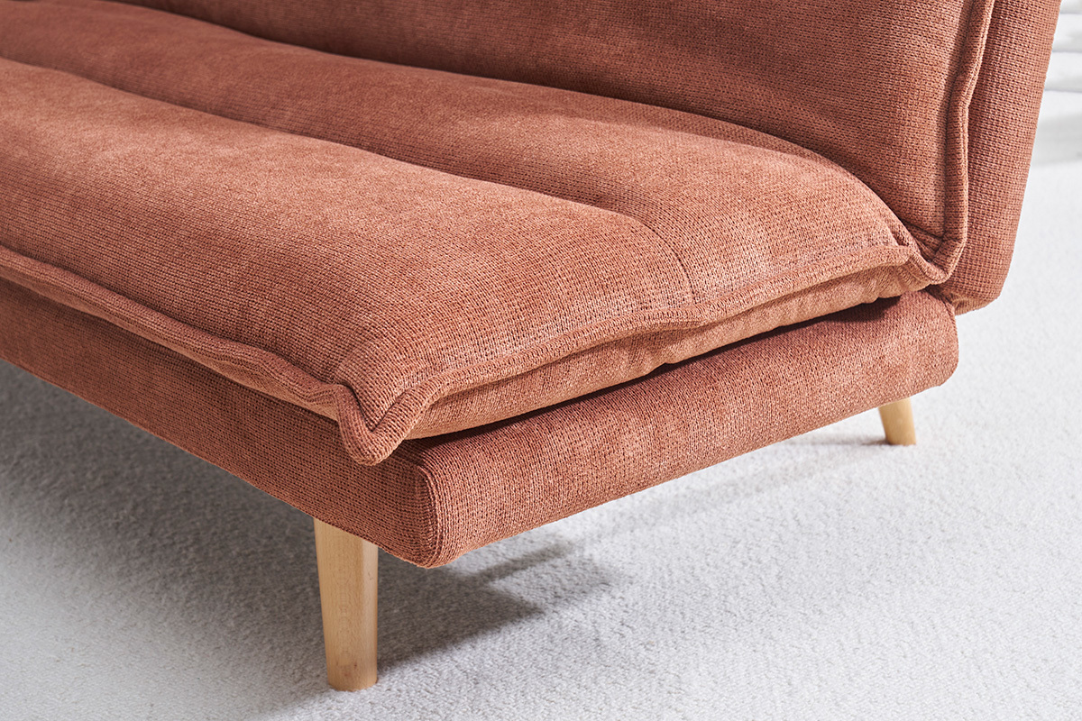 Divano letto a 3 posti in tessuto ciniglia testurato terra bruciata e legno chiaro BINGO