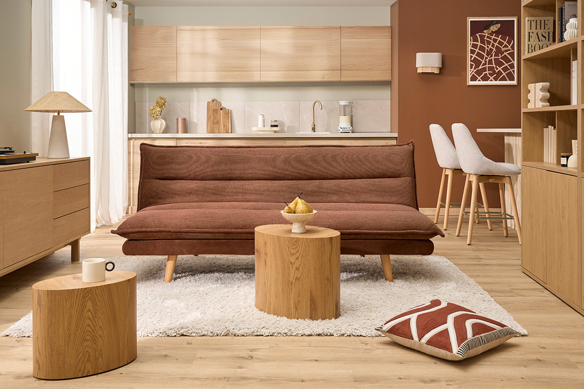 Divano letto a 3 posti in tessuto ciniglia testurato terra bruciata e legno chiaro BINGO