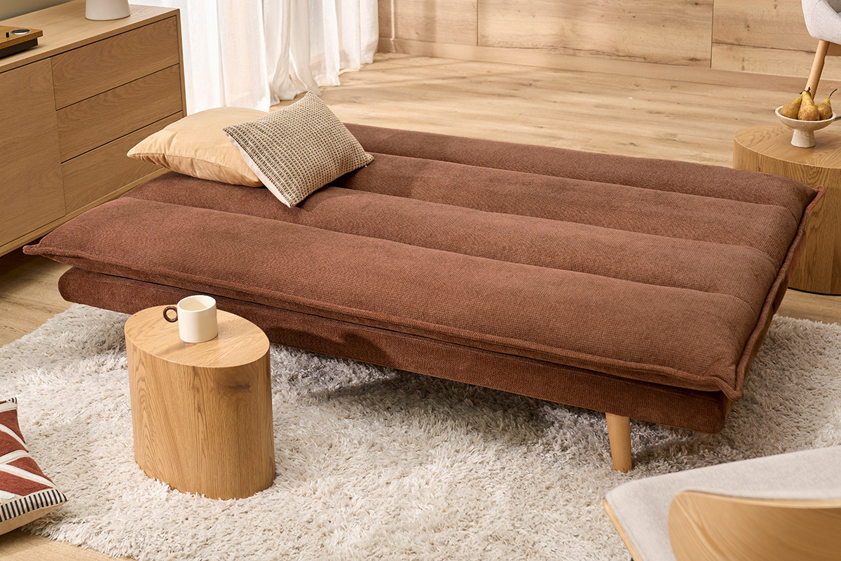 Divano letto a 3 posti in tessuto ciniglia testurato terra bruciata e legno chiaro BINGO