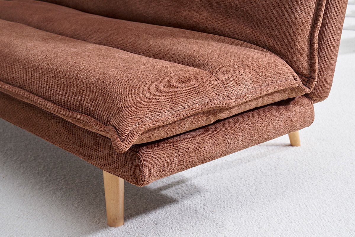 Divano letto a 3 posti in tessuto ciniglia testurato terra bruciata e legno chiaro BINGO