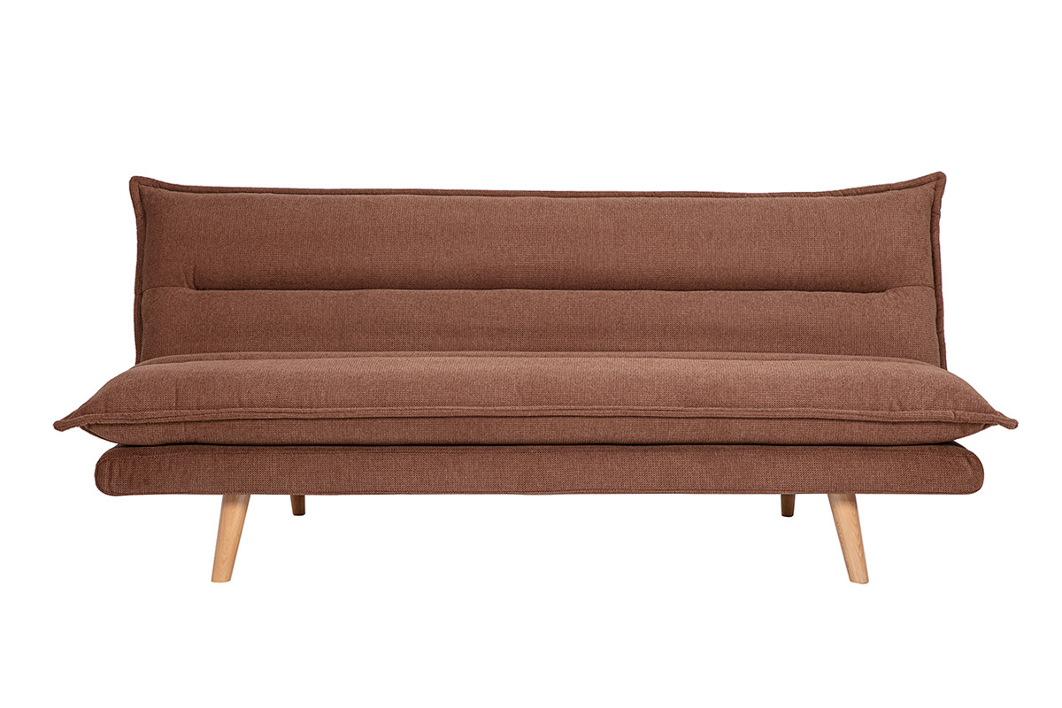 Divano letto a 3 posti in tessuto effetto velluto testurato terra bruciata e legno chiaro BINGO