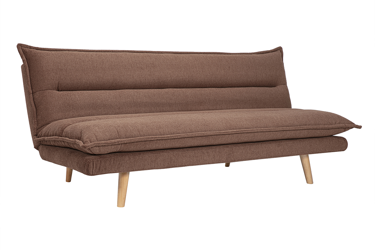 Divano letto a 3 posti in tessuto effetto velluto testurato terra bruciata e legno chiaro BINGO