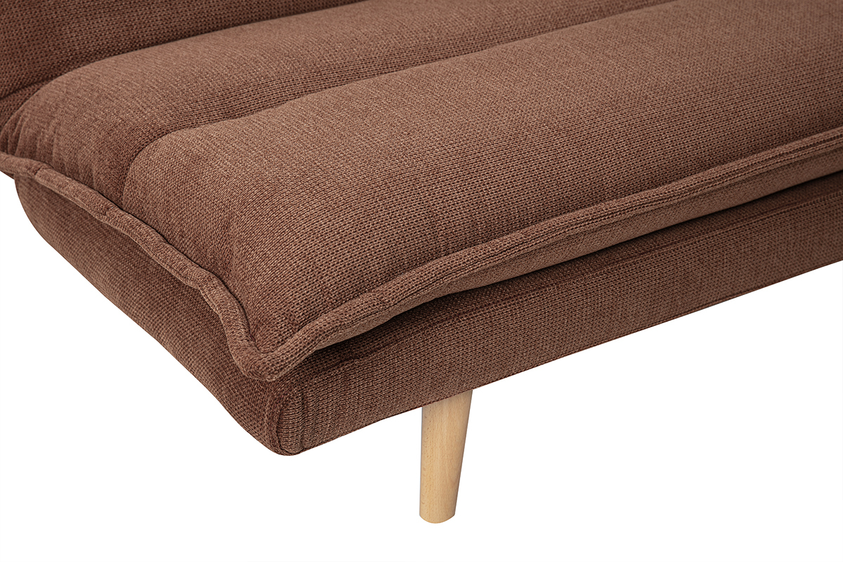 Divano letto a 3 posti in tessuto effetto velluto testurato terra bruciata e legno chiaro BINGO