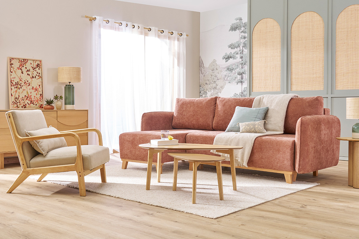 Divano letto angolare reversibile 3-4 posti in tessuto effetto velluto color terracotta e legno chiaro ROMANE