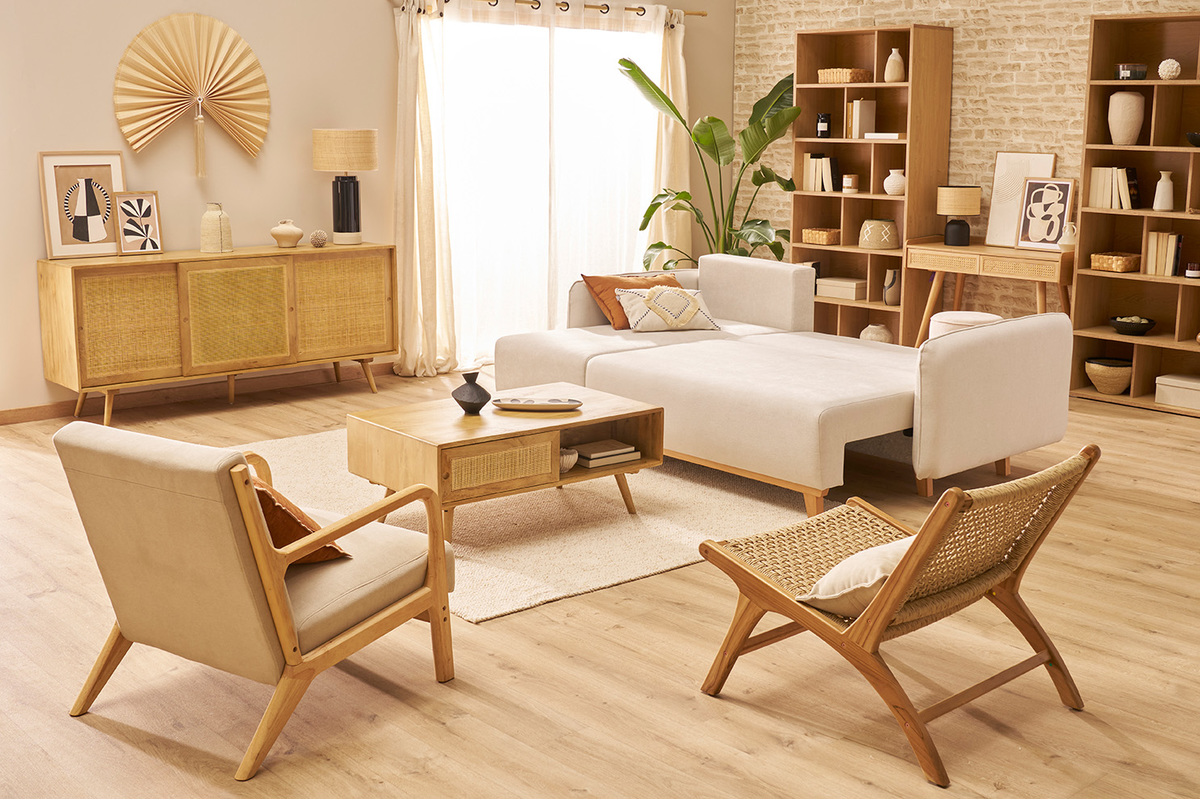 Divano letto angolare reversibile 3-4 posti in tessuto effetto velluto testurizzato beige e legno chiaro ROMANE