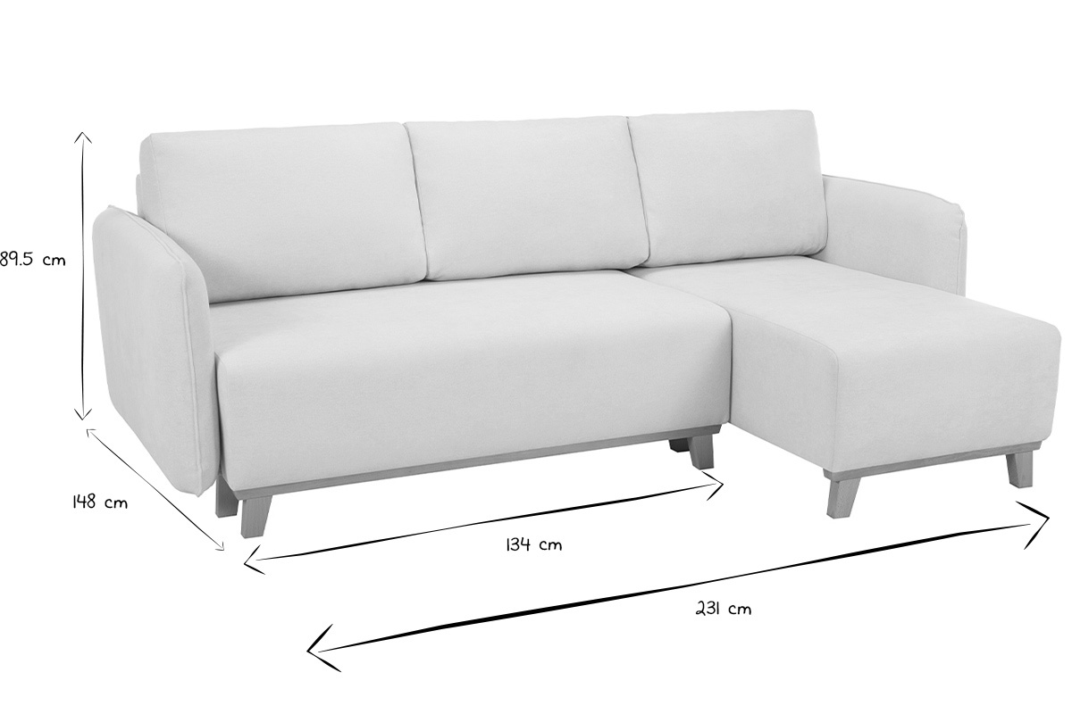 Divano letto angolare reversibile 3-4 posti in tessuto effetto velluto testurizzato beige e legno chiaro ROMANE