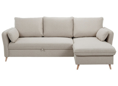 Divano letto angolare reversibile con contenitore 3-4 posti in tessuto beige e legno chiaro DRISS