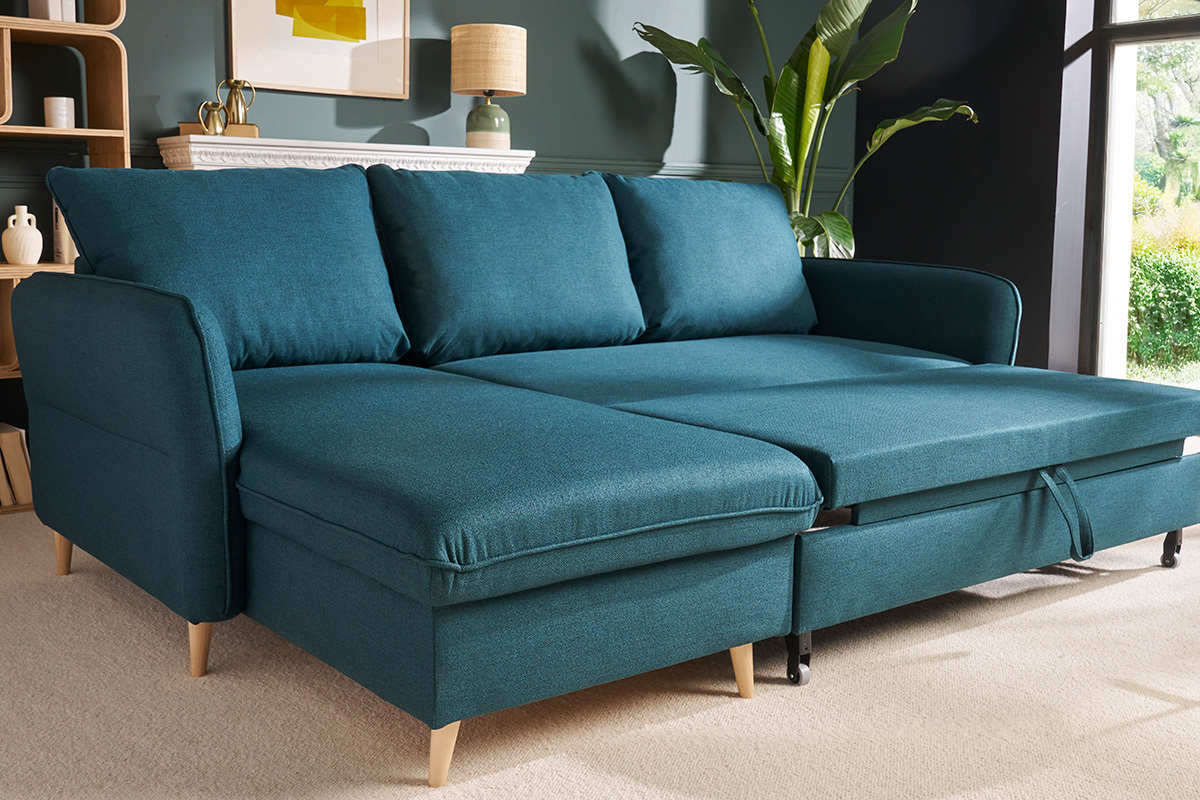 Divano letto angolare reversibile con contenitore 3-4 posti in tessuto blu oceano e legno chiaro DRISS