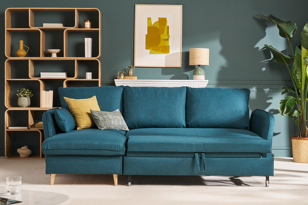 Divano letto angolare reversibile con contenitore 3-4 posti in tessuto blu oceano e legno chiaro DRISS
