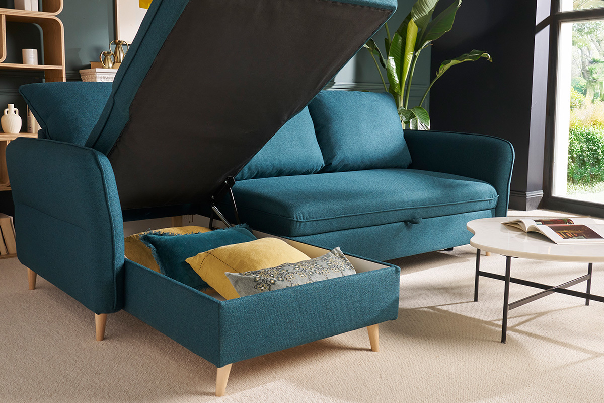 Divano letto angolare reversibile con contenitore 3-4 posti in tessuto blu oceano e legno chiaro DRISS