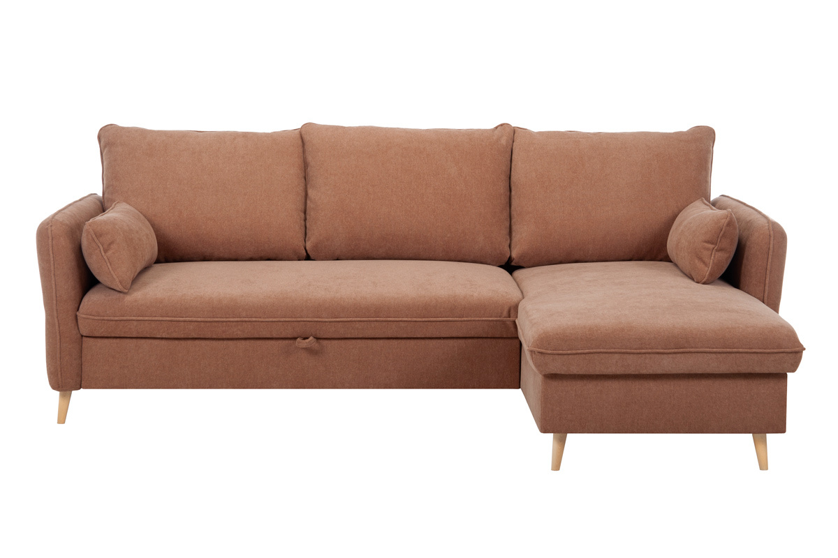 Divano letto angolare reversibile con contenitore 3-4 posti in tessuto color terracotta e legno chiaro DRISS