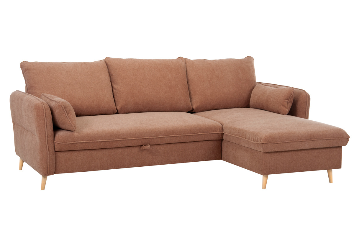 Divano letto angolare reversibile con contenitore 3-4 posti in tessuto color terracotta e legno chiaro DRISS
