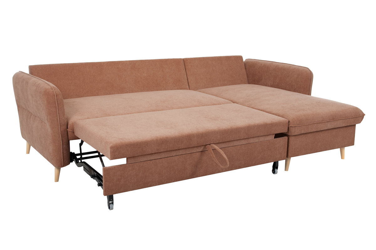 Divano letto angolare reversibile con contenitore 3-4 posti in tessuto color terracotta e legno chiaro DRISS