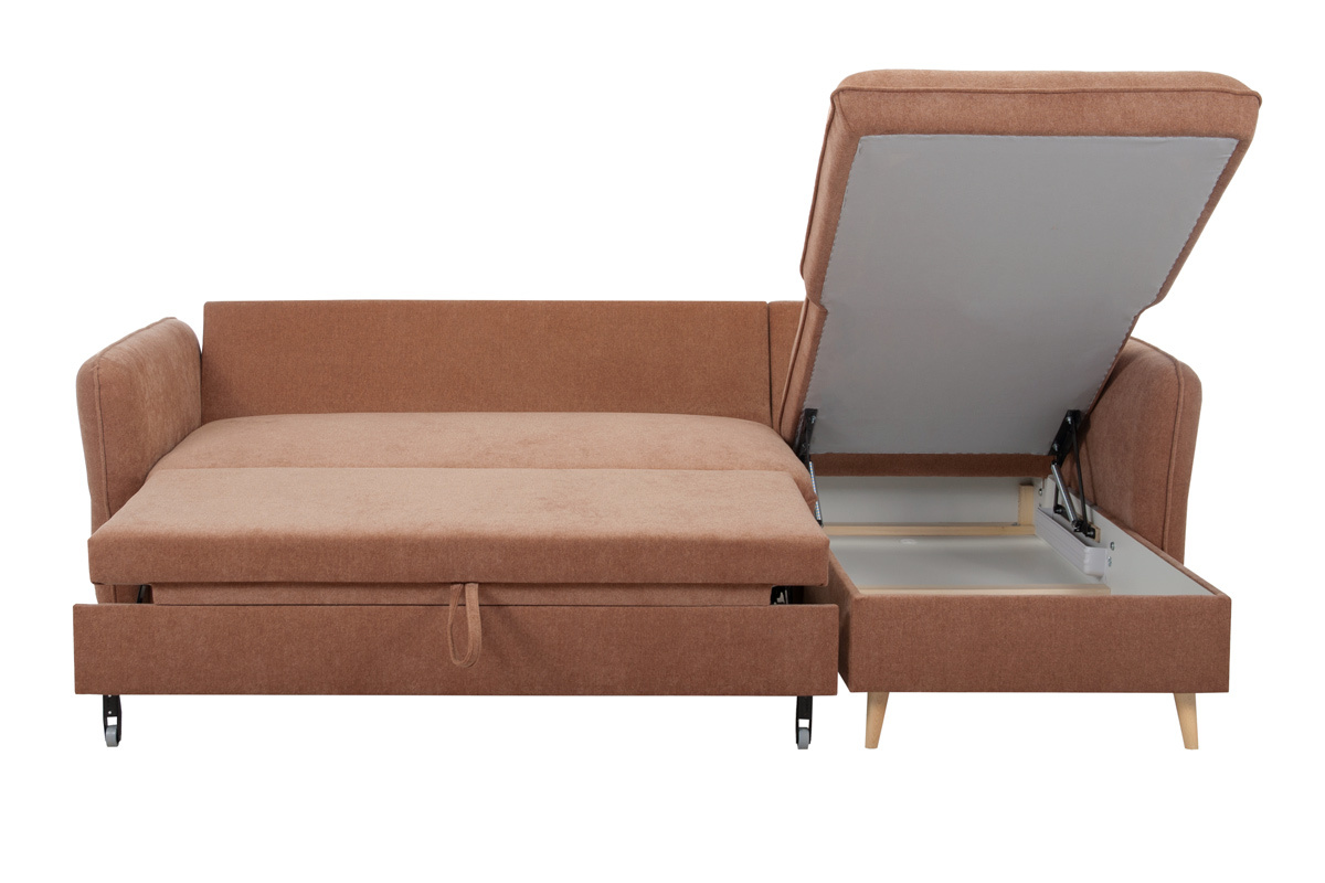 Divano letto angolare reversibile con contenitore 3-4 posti in tessuto color terracotta e legno chiaro DRISS