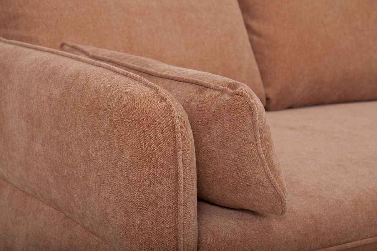 Divano letto angolare reversibile con contenitore 3-4 posti in tessuto color terracotta e legno chiaro DRISS