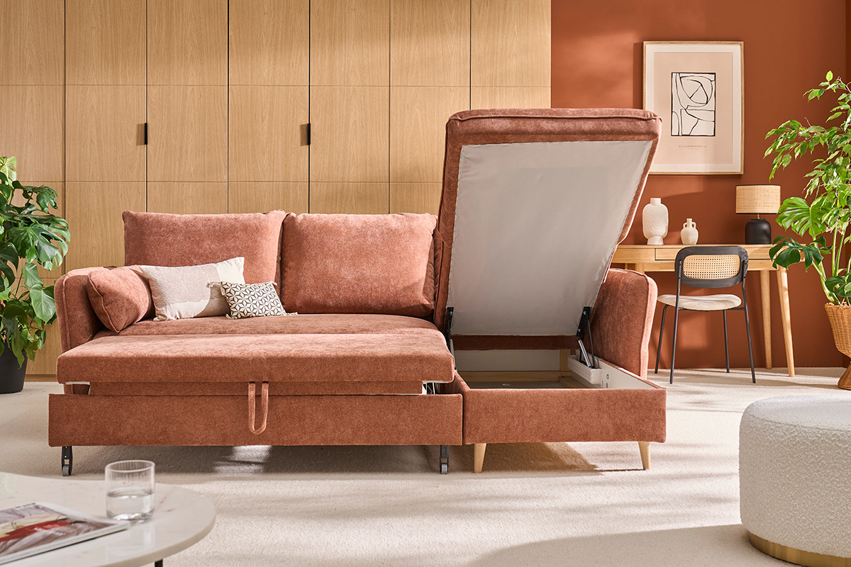 Divano letto angolare reversibile con contenitore 3-4 posti in tessuto color terracotta e legno chiaro DRISS