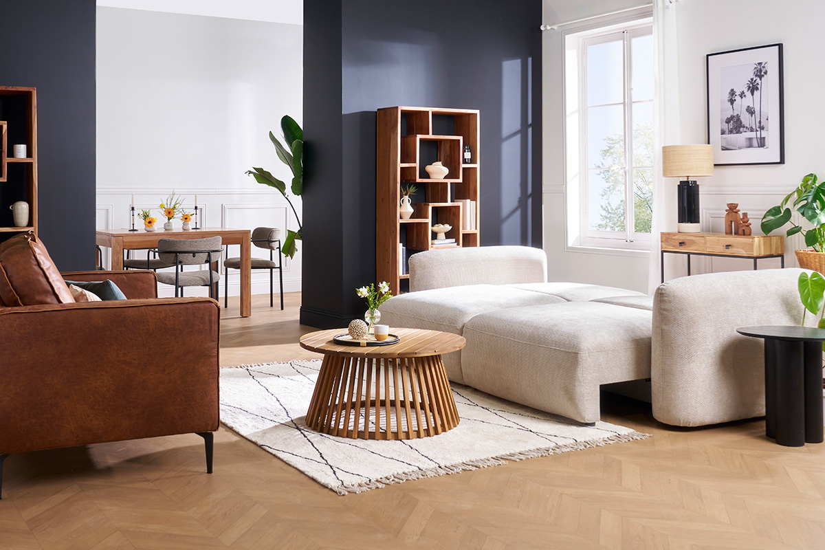 Divano letto con contenitore 4 posti in tessuto effetto velluto cinigliato beige CRUSH