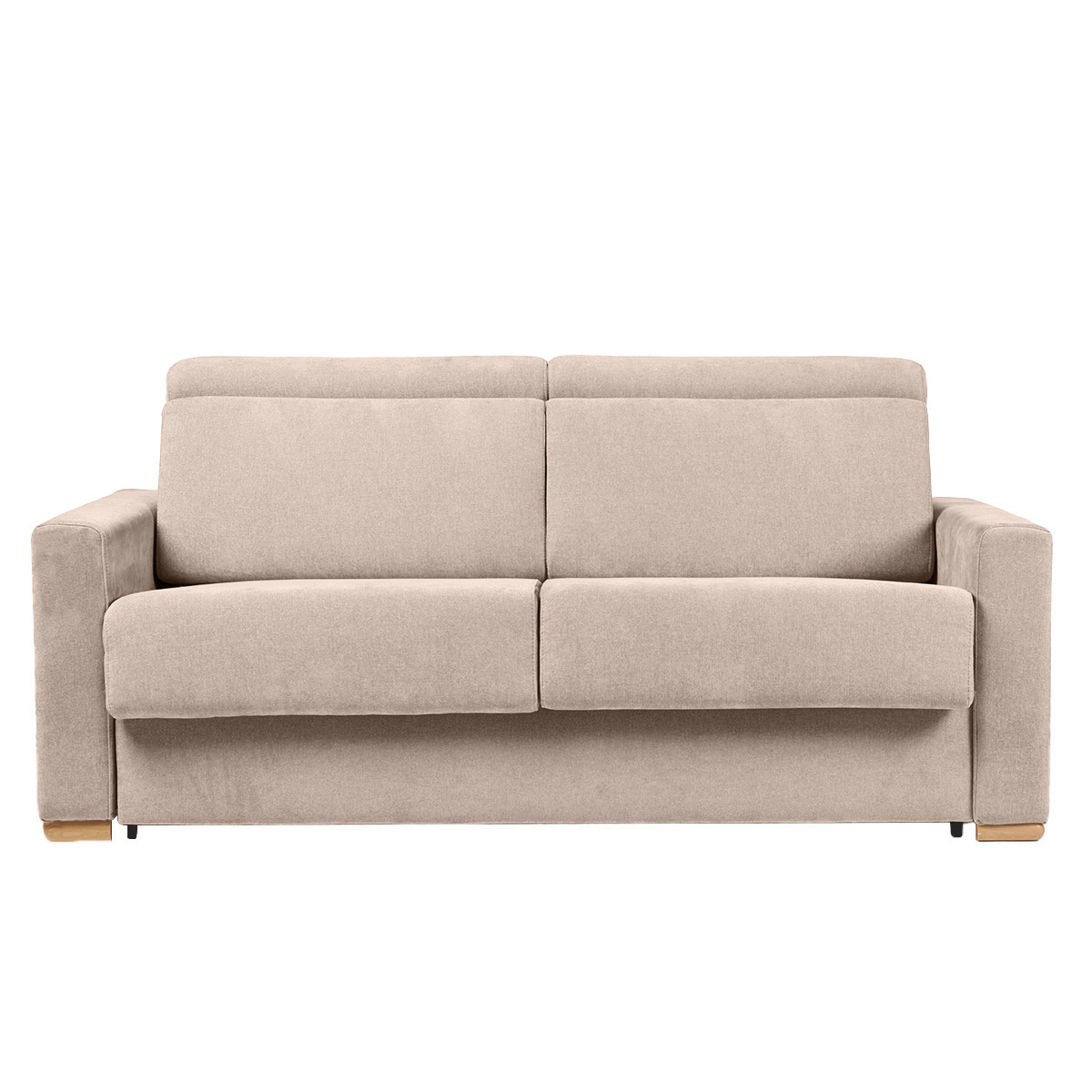 Divano letto con poggiatesta regolabili in tessuto effetto velluto beige a 3 posti con materasso da 18 cm NORO