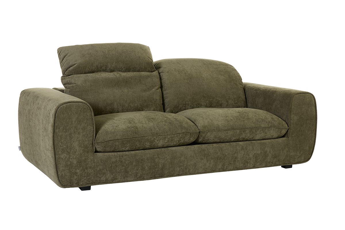 Divano letto verde kaki con poggiatesta regolabili, vista in 3/4.