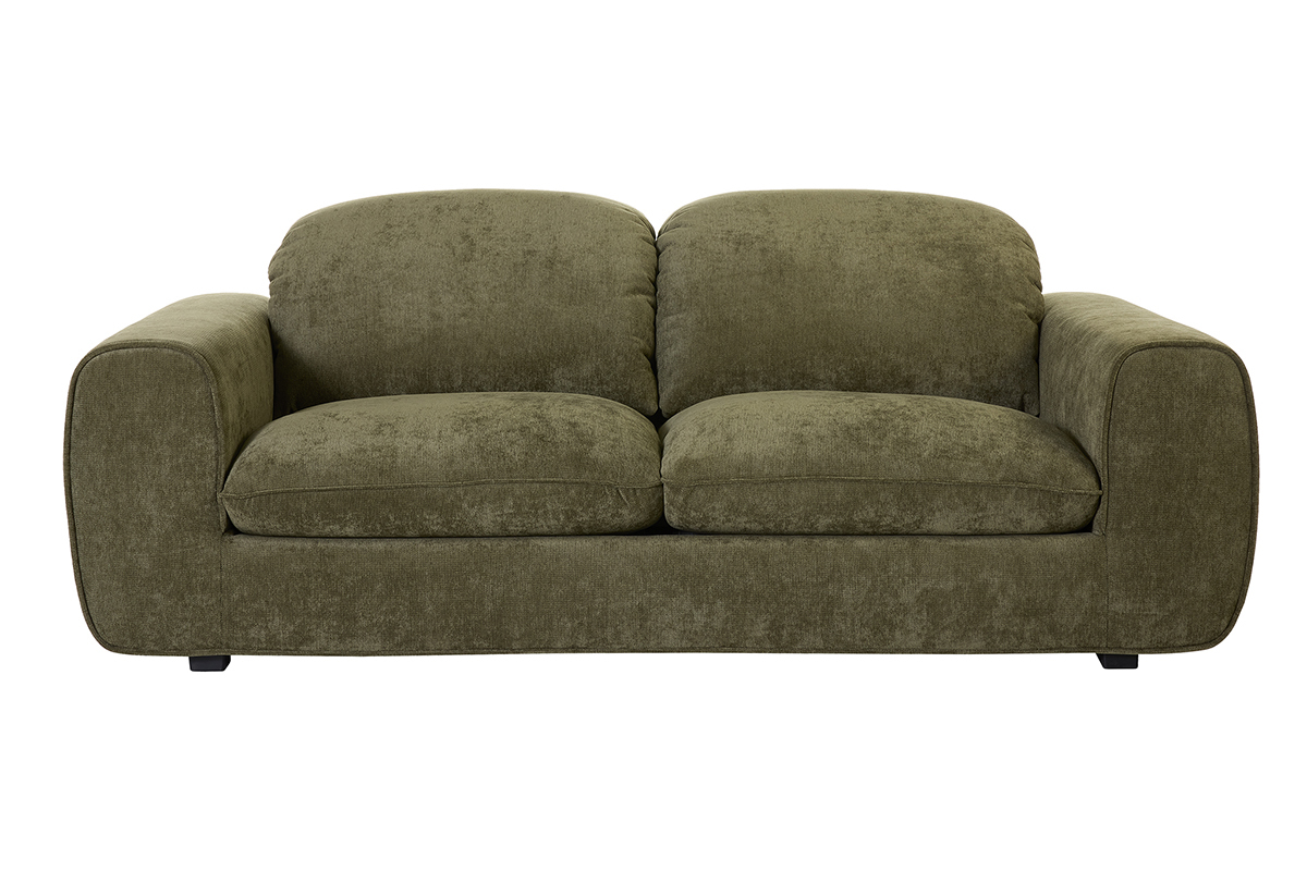 Divano letto verde kaki a 3 posti in tessuto velluto, vista frontale.