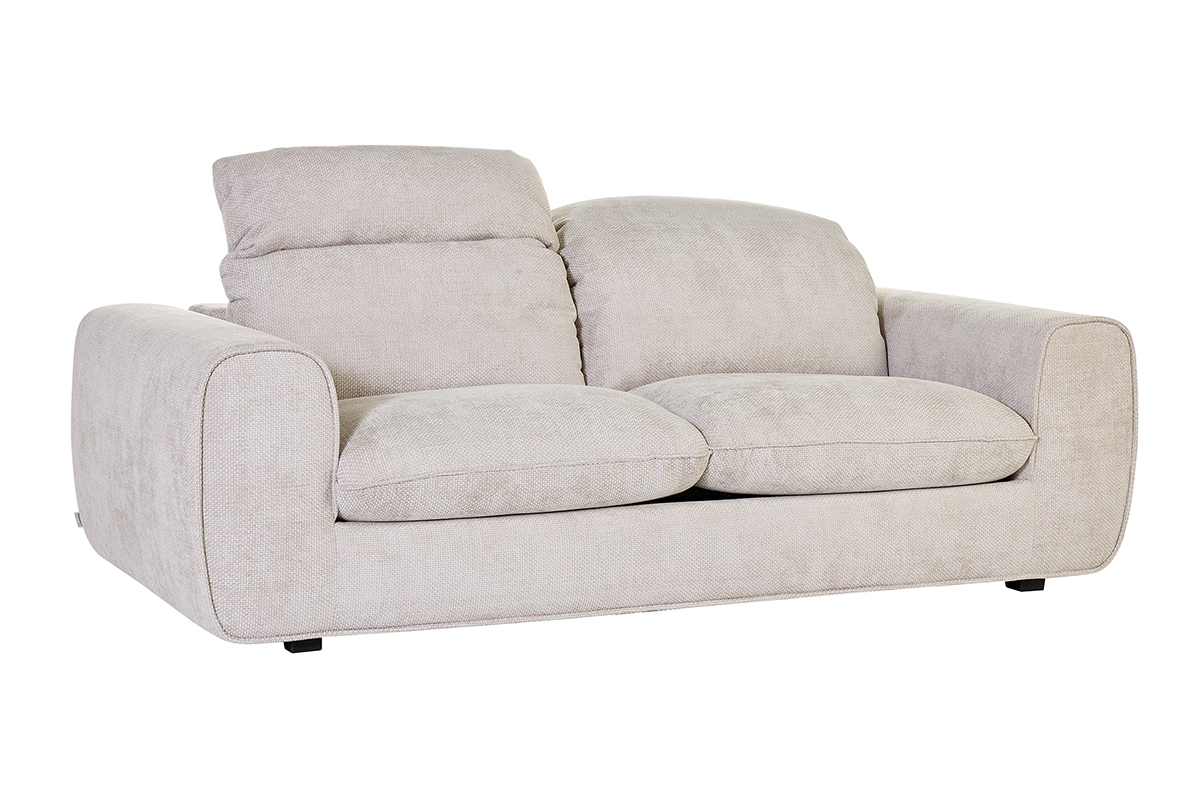 Divano letto 3 posti beige in velluto chenille con braccioli regolabili, vista da 3/4.