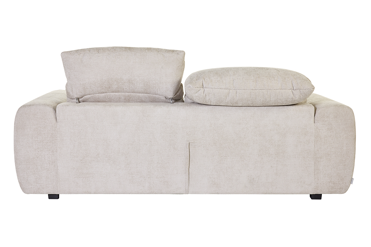 Divano letto beige NOAM, vista posteriore, tessuto in velluto chenille, testiere regolabili.