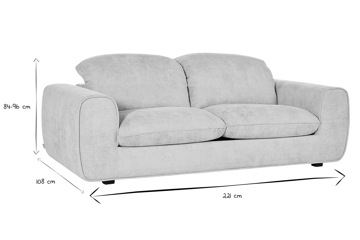 Divano letto beige, dimensioni L221 x P108 x H84-96 cm, in nero e bianco, vista frontale.