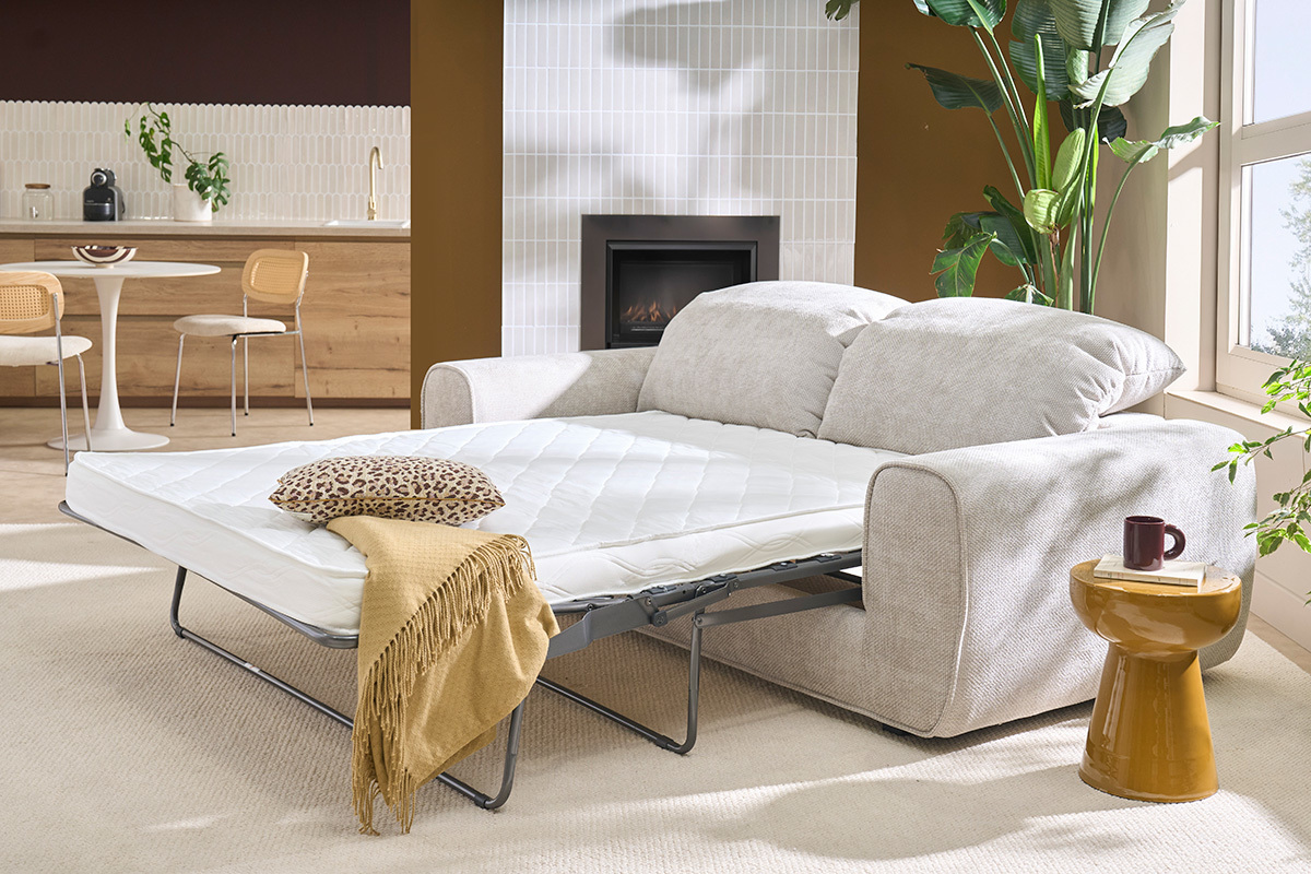 Divano letto con tetiere regolabili per 3 posti in tessuto velluto chenille beige NOAM