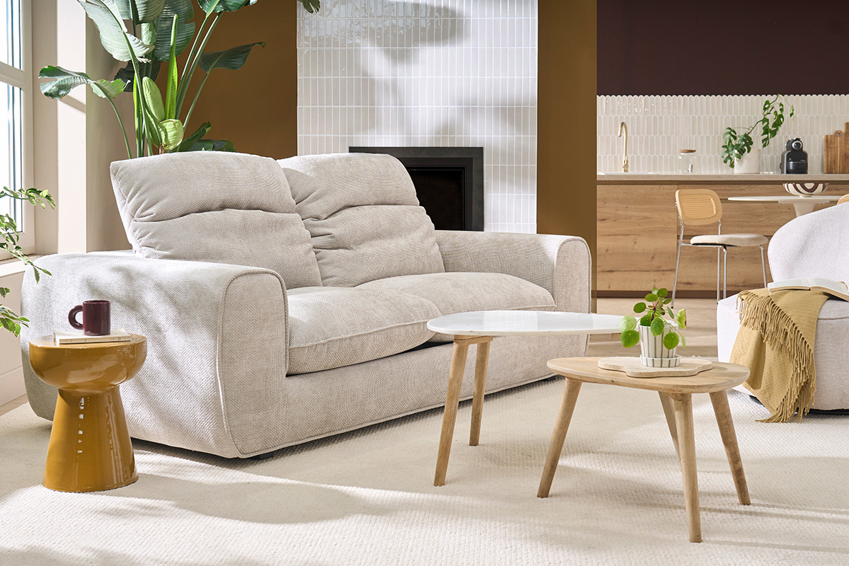 Divano letto con tetiere regolabili per 3 posti in tessuto velluto chenille beige NOAM