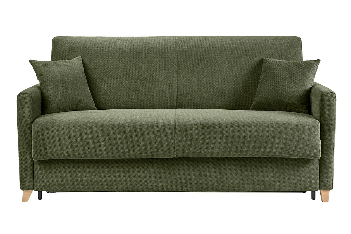Divano letto 3 posti in tessuto ciniglia verde scuro con cuscini, vista frontale.