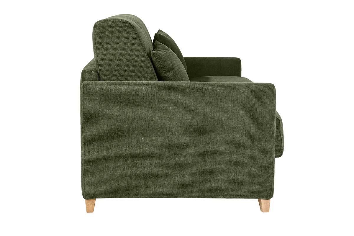 Divano letto a 3 posti in tessuto ciniglia verde scuro, vista laterale con gambe in legno chiaro.