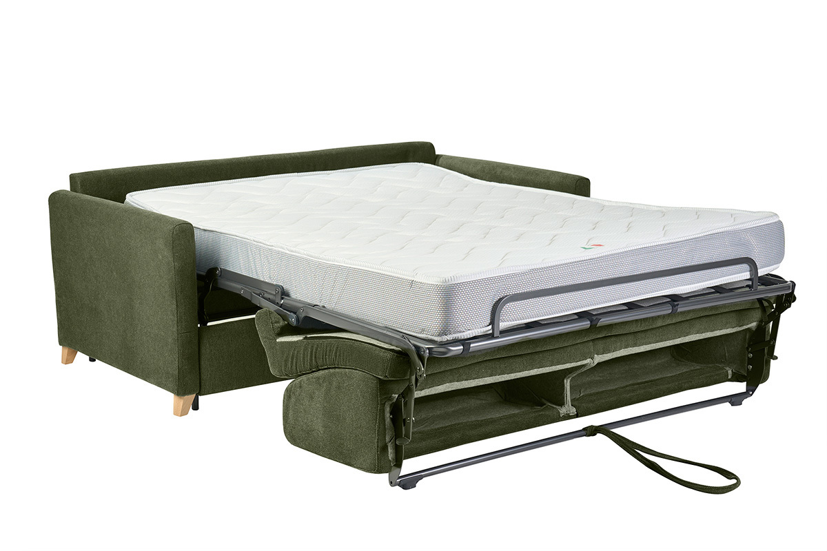 Divano convertibile a 3 posti SKANDY in tessuto chenille verde scuro con materasso aperto, vista a 3/4.