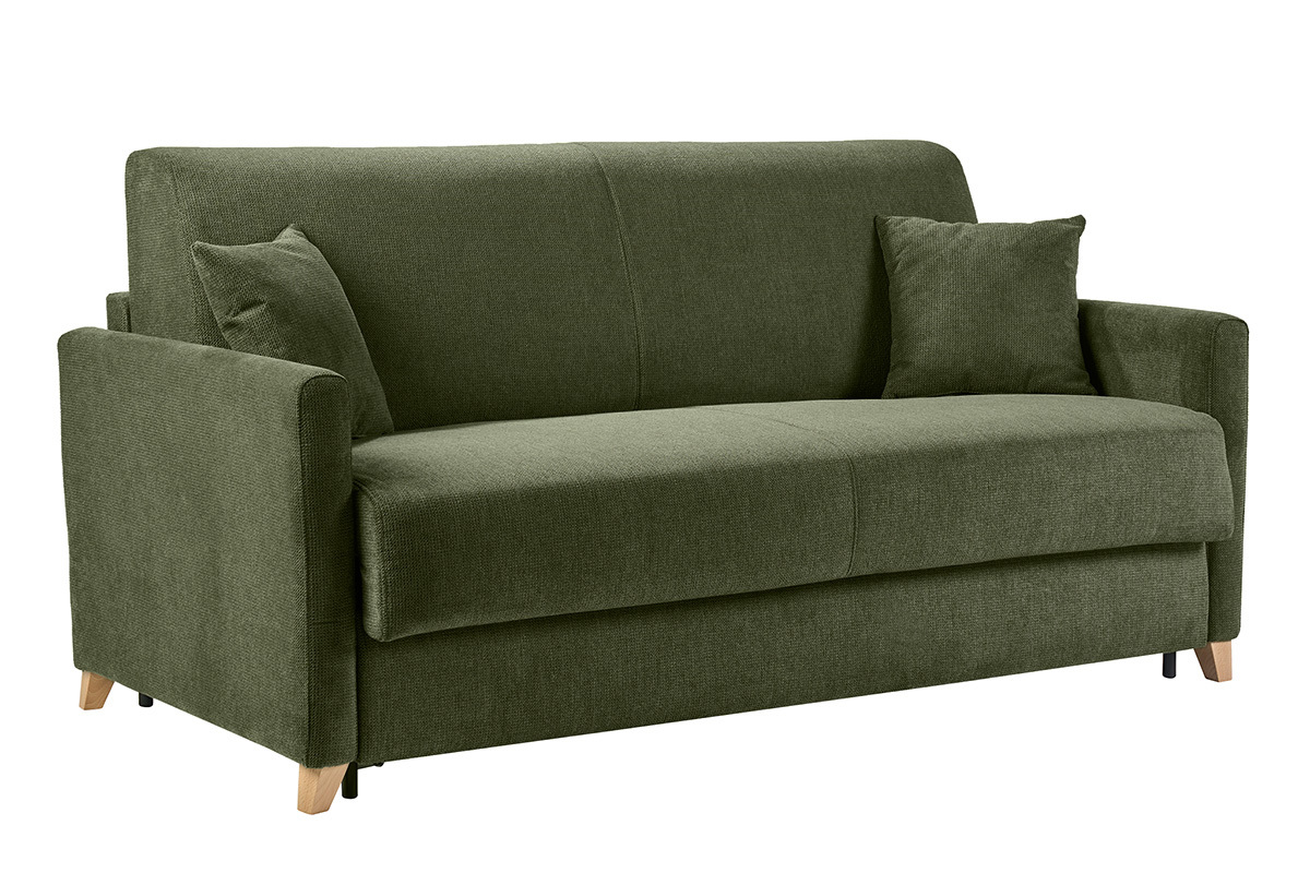 Divano letto a 3 posti in tessuto ciniglia verde scuro con cuscini, vista a 3/4.