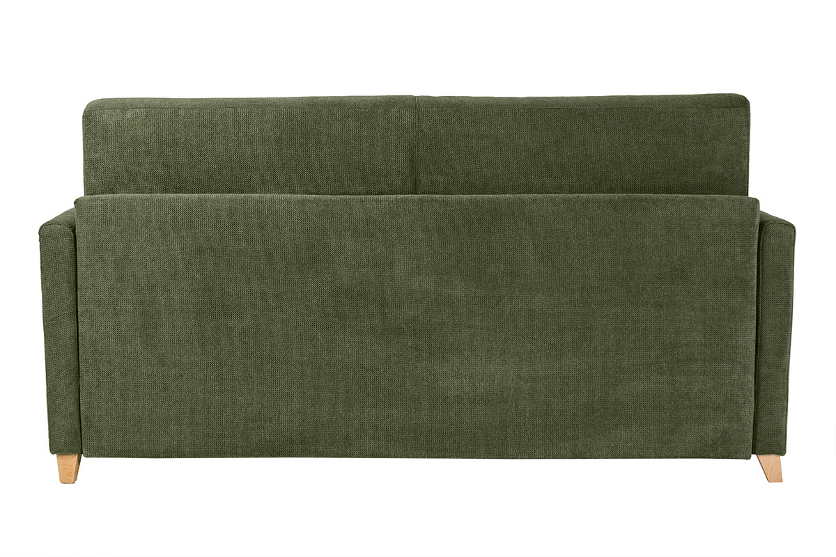 Vista posteriore del divano letto a 3 posti verde scuro SKANDY con piedini in legno chiaro.