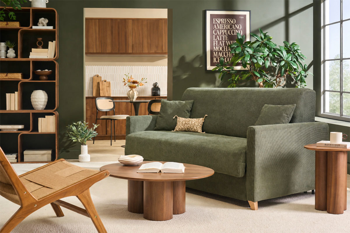 Divano letto convertibile a 3 posti in tessuto ciniglia verde scuro e legno chiaro con materasso da 18 cm SKANDY