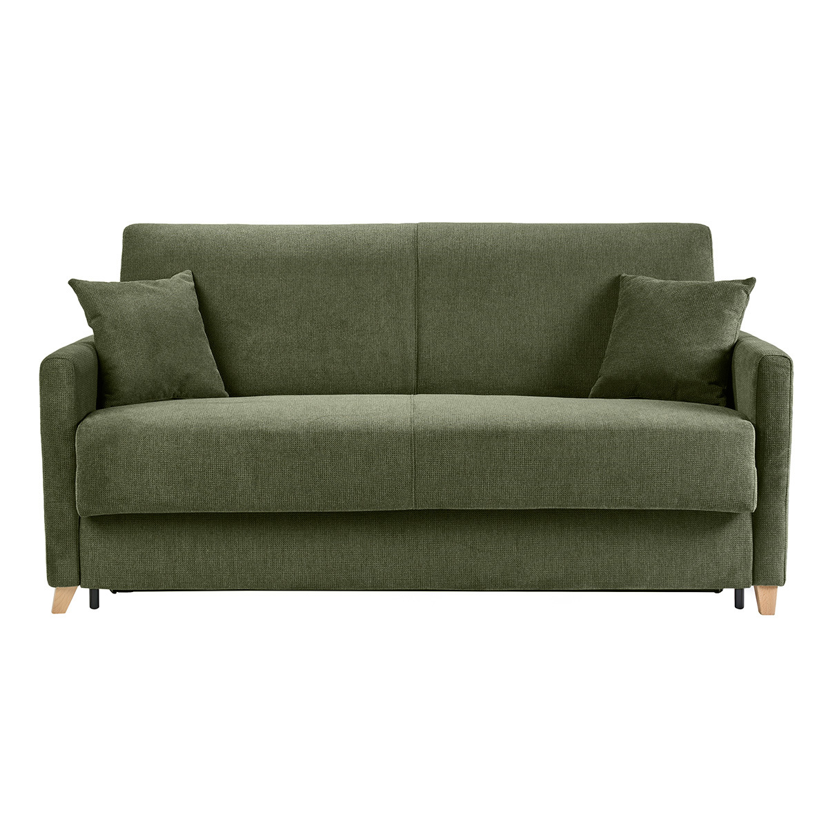 Divano letto convertibile a 3 posti in tessuto ciniglia verde scuro e legno chiaro con materasso da 18 cm SKANDY