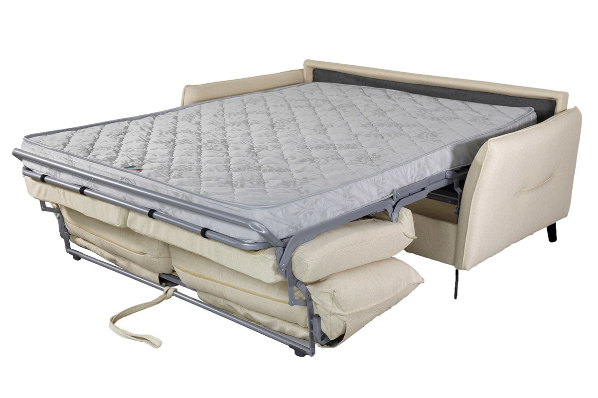 Divano letto design 3 posti in tessuto beige naturale e metallo nero LIAM