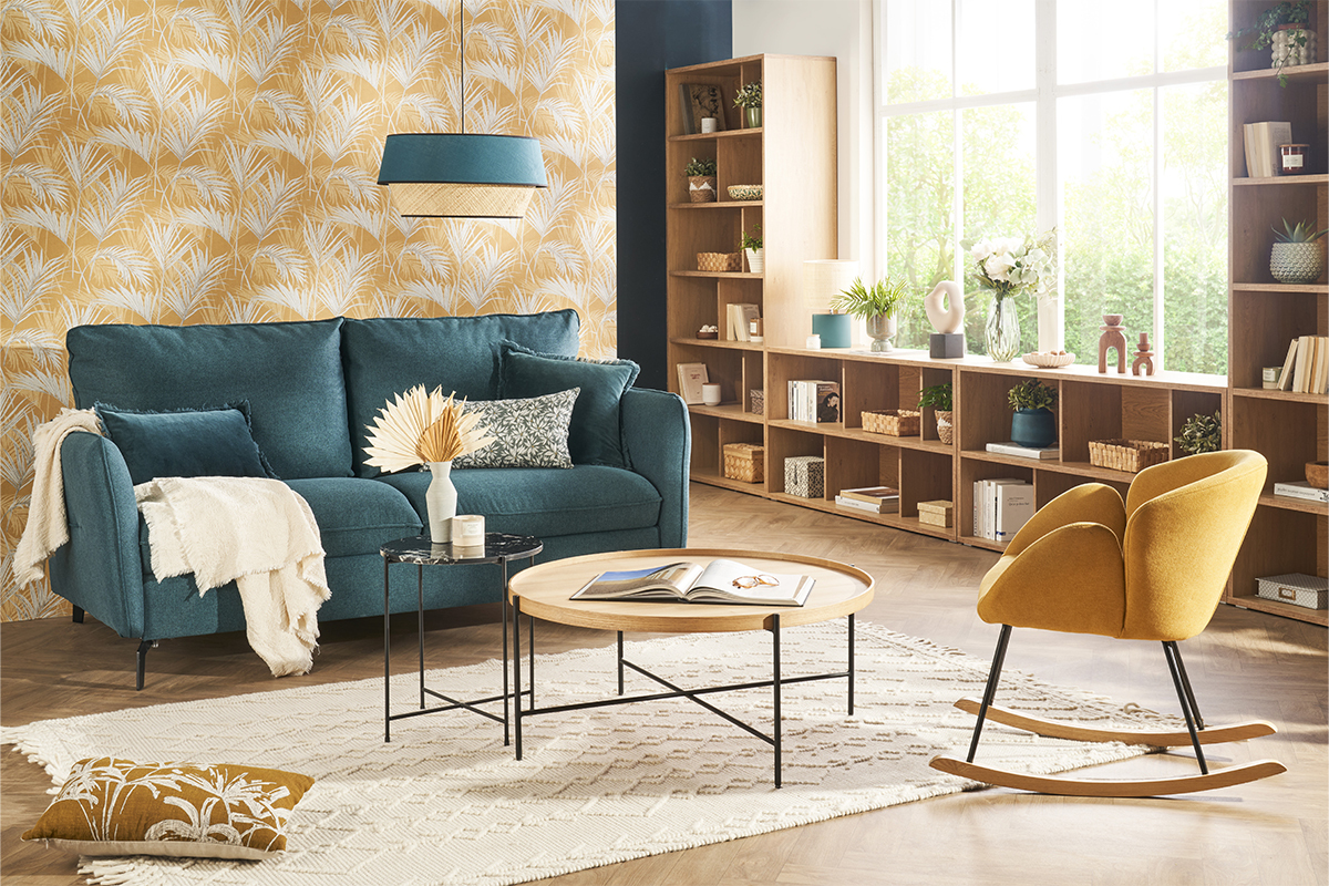 Divano letto design 3 posti in tessuto beige naturale e metallo nero LIAM