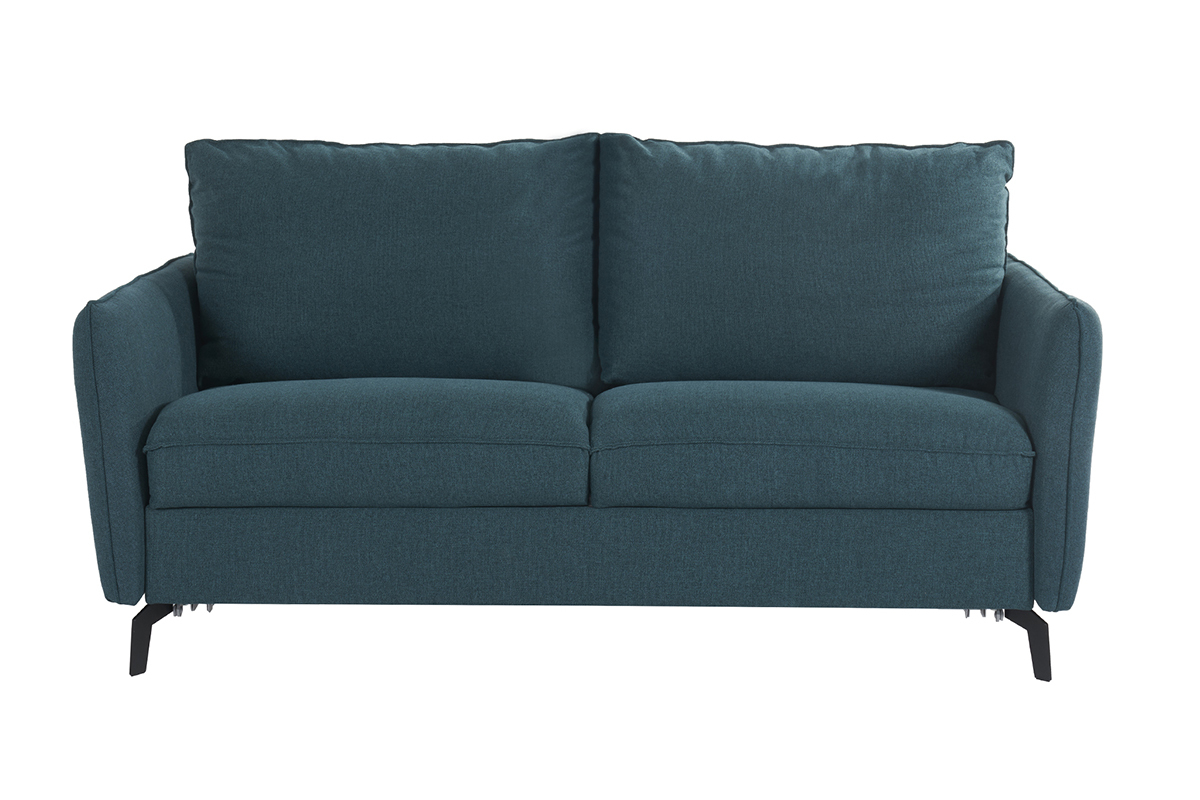 Divano letto design 3 posti in tessuto blu anatra e metallo nero LIAM