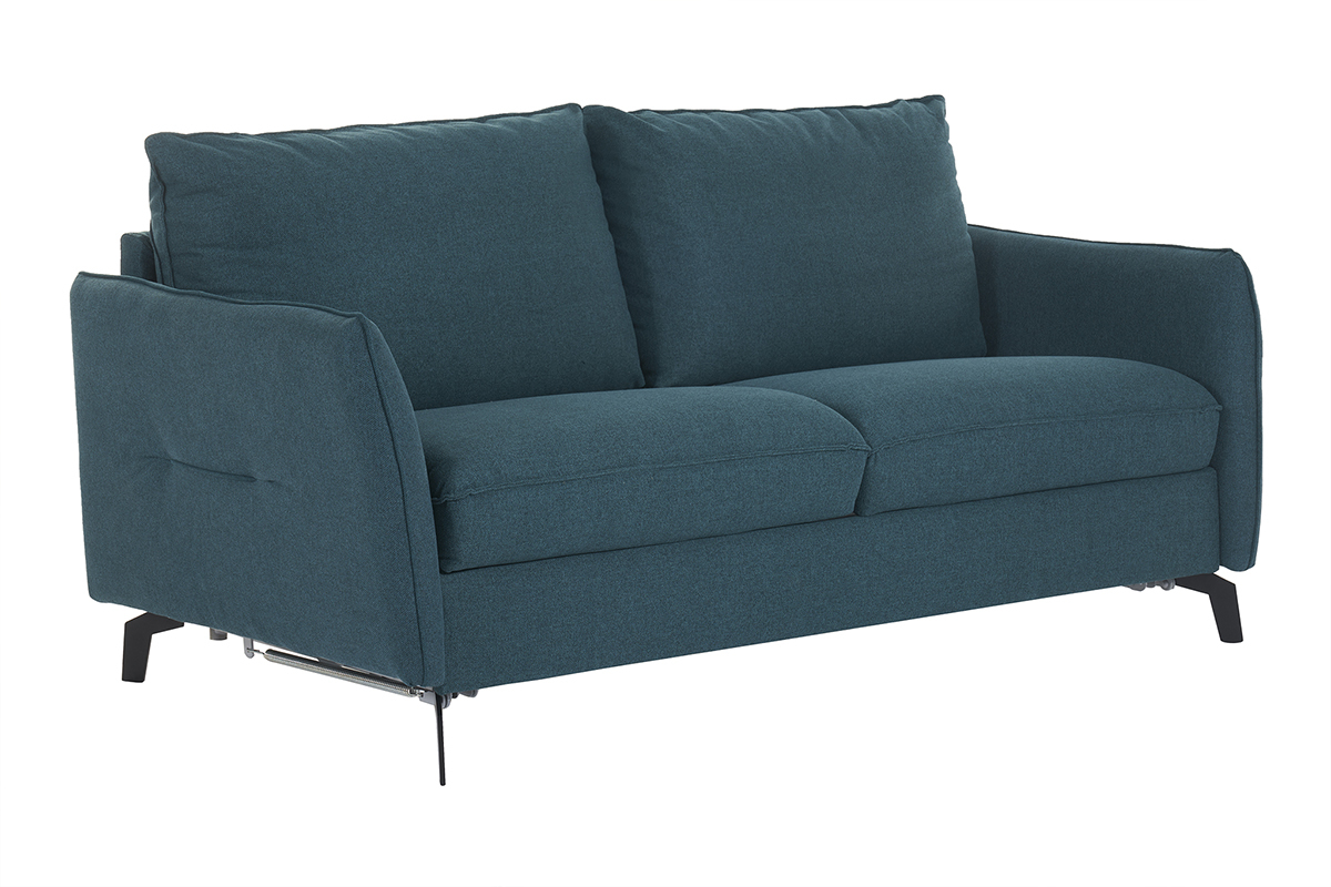 Divano letto design 3 posti in tessuto blu anatra e metallo nero LIAM