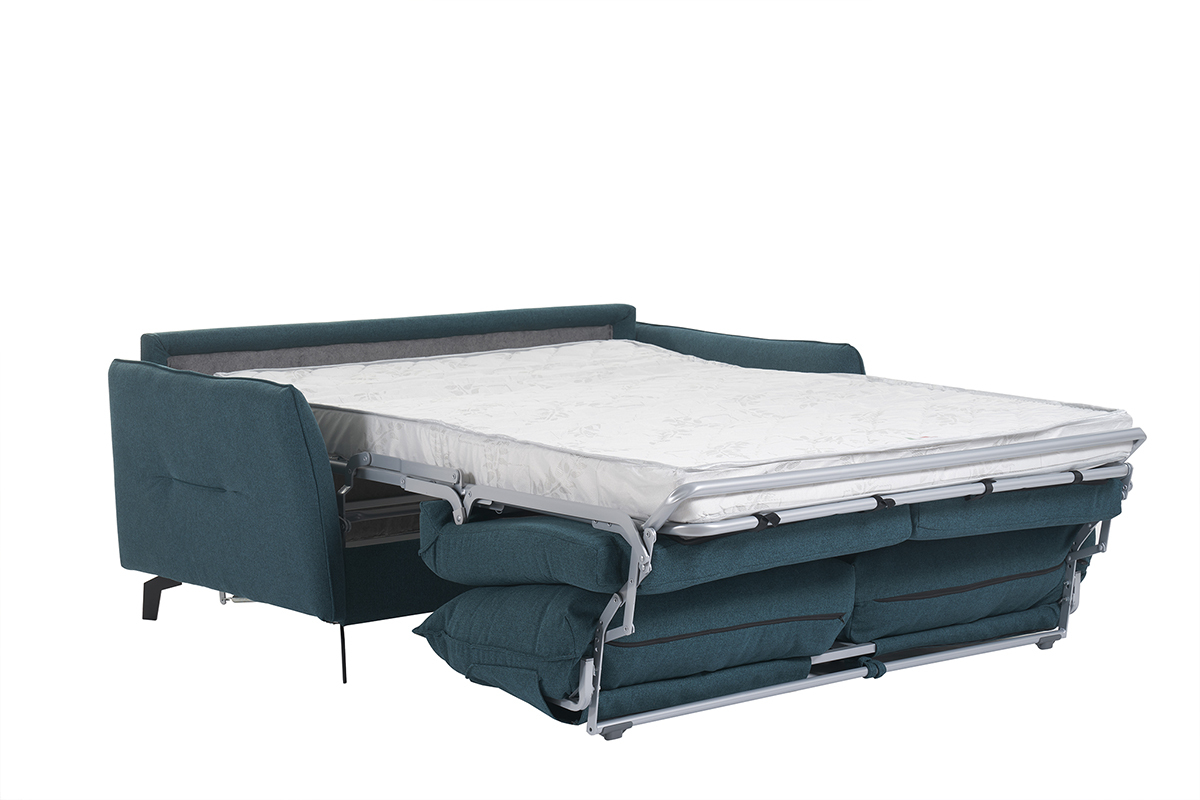 Divano letto design 3 posti in tessuto blu anatra e metallo nero LIAM