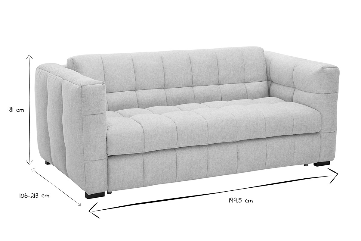 Dimensioni del divano letto a 3 posti CORTO in nero e bianco, vista da tre quarti.