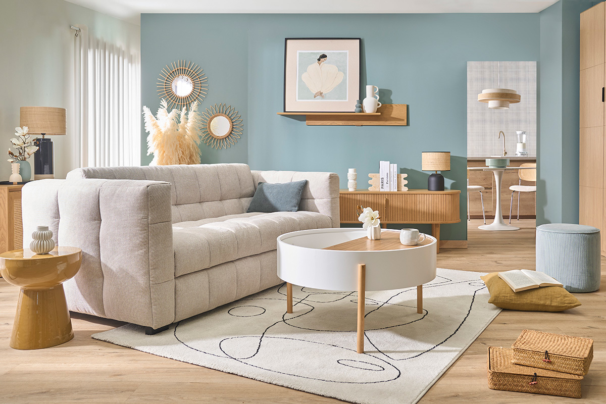 Divano letto design 3 posti in tessuto effetto velluto beige testurizzato CORTO
