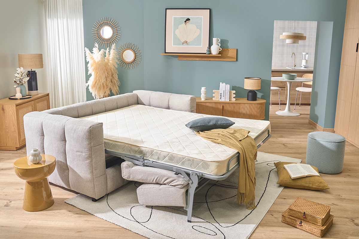 Divano letto design 3 posti in tessuto effetto velluto beige testurizzato CORTO