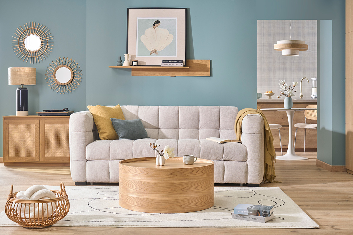 Divano letto design 3 posti in tessuto effetto velluto beige testurizzato CORTO