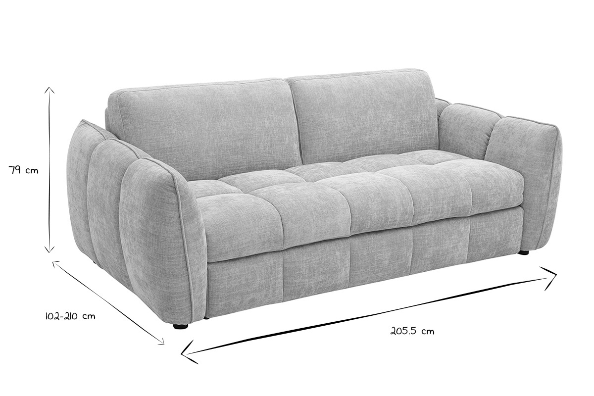 Dimensioni del divano convertibile a 3 posti: L205,5 x P102-210 x H79 cm, in bianco e nero.